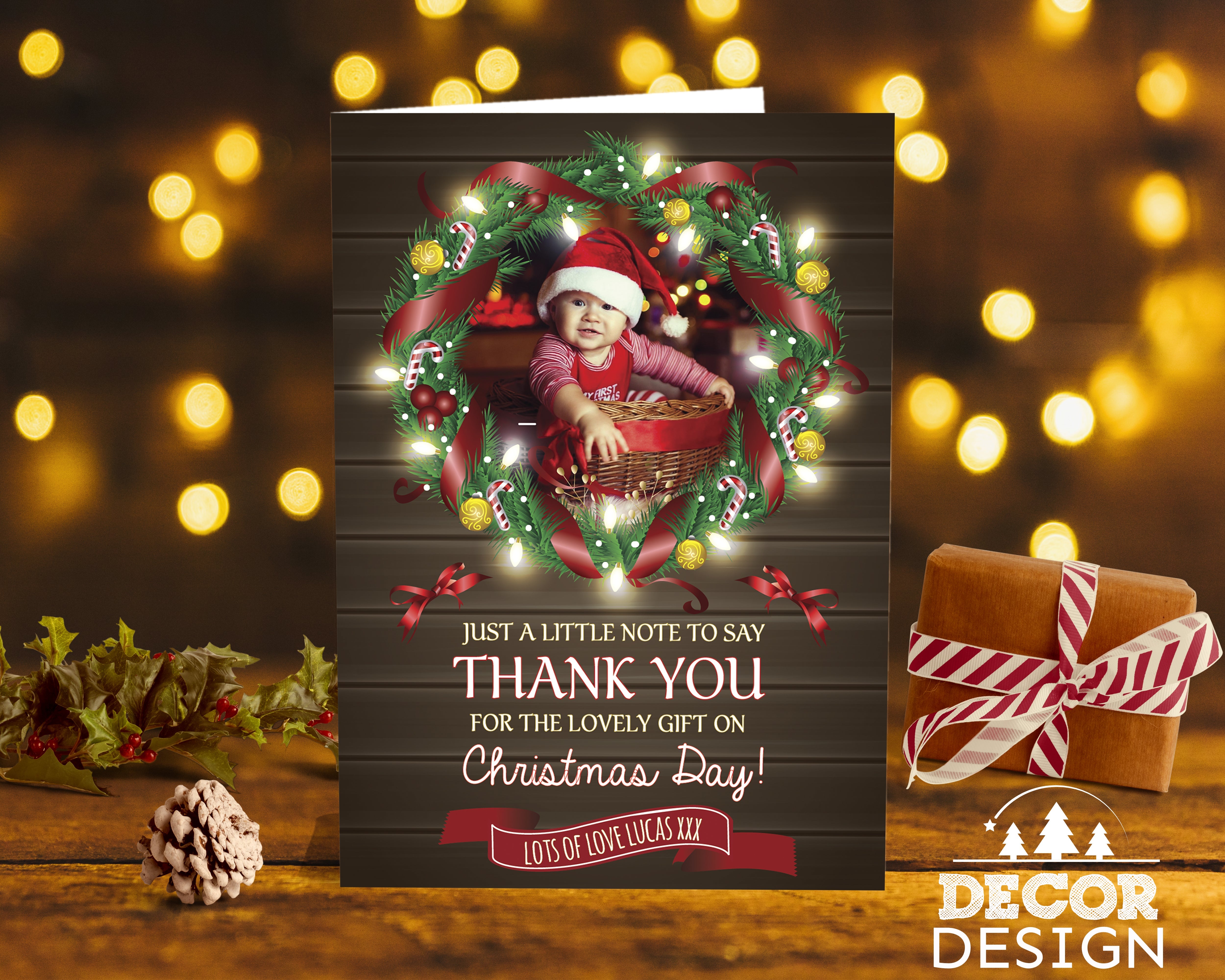 FLAT Custom Festive Christmas Thank You Card, Photo Personalized Thank You Cards