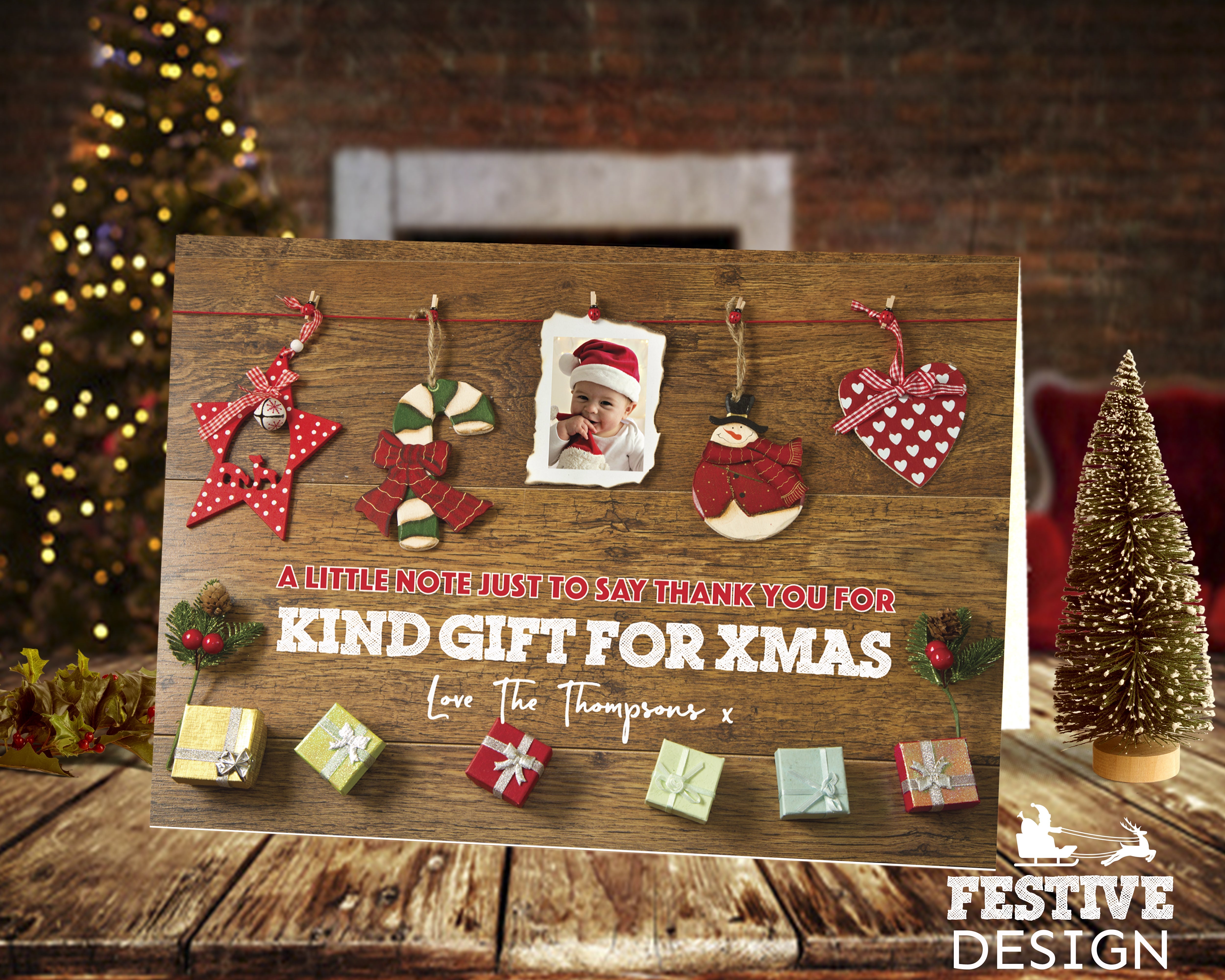 FOLDED Family Photo Xmas Thank You Card, Baby Christmas Thank You Card Pack