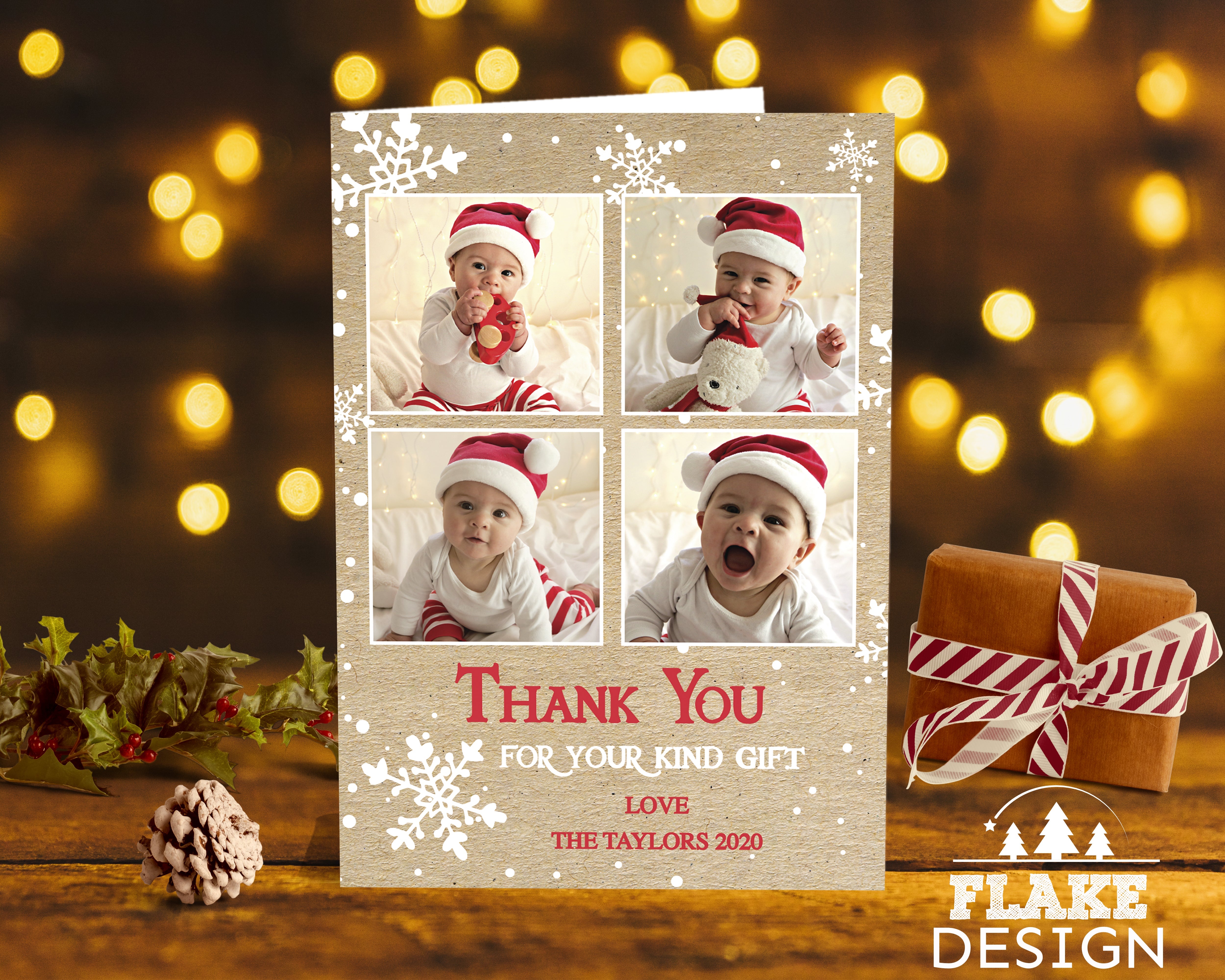 FLAT Christmas Gift Photo Thank You Cards, Family Xmas Thank You Cards