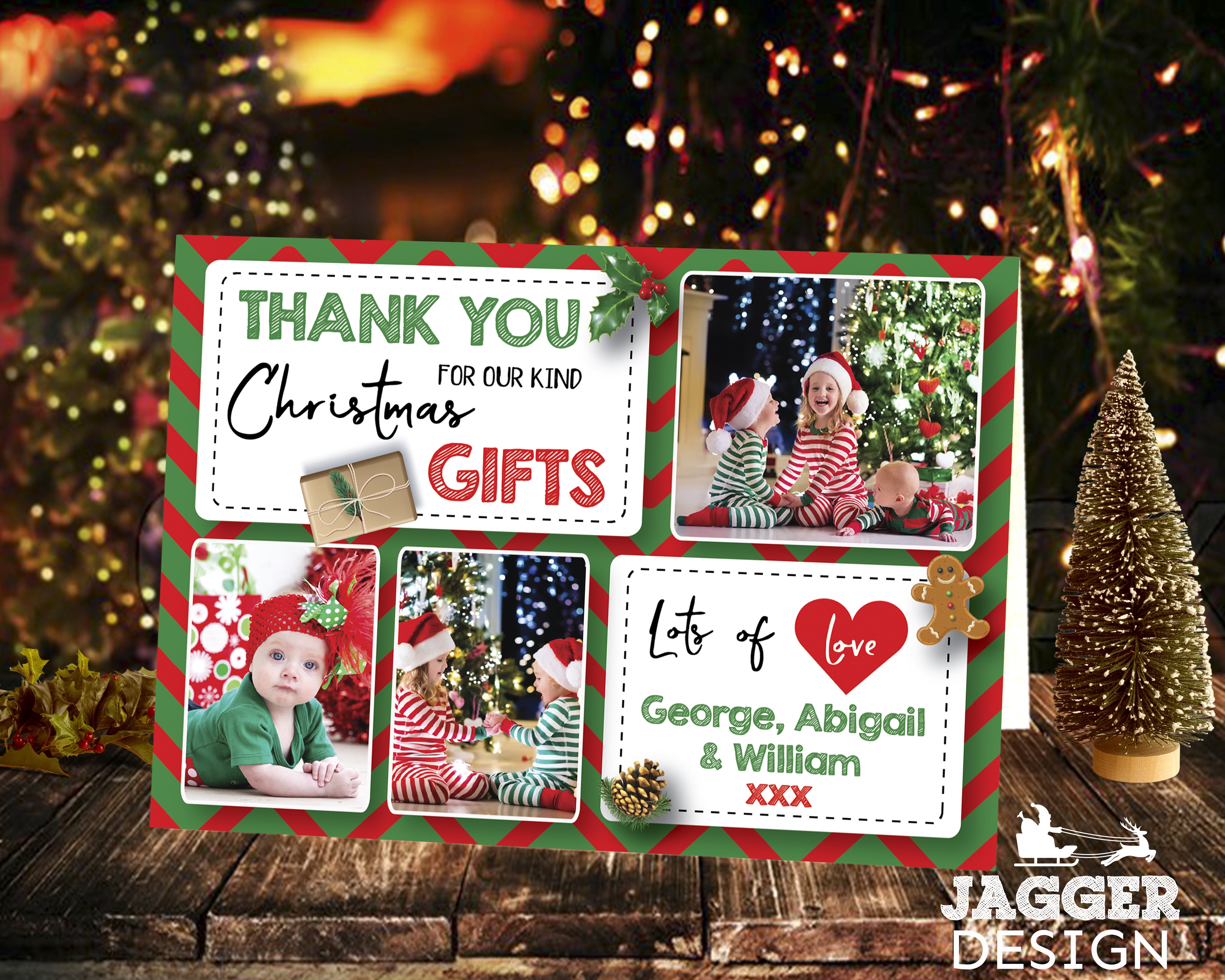 FOLDED Christmas Thank You Card With Photo Insert, Custom Thank You Cards