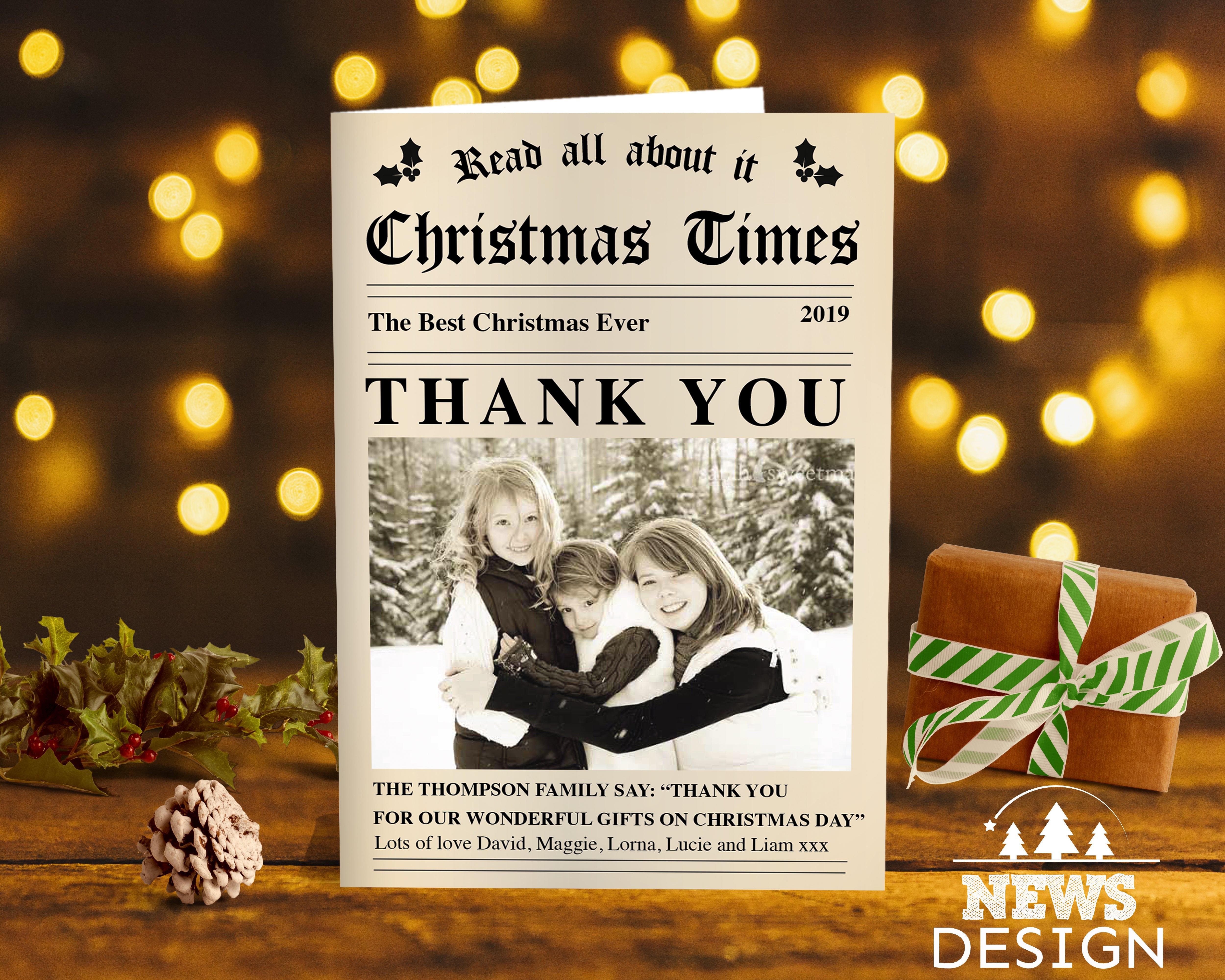 FOLDED Family Christmas Thank You Card, Personalized Xmas Thank You Cards