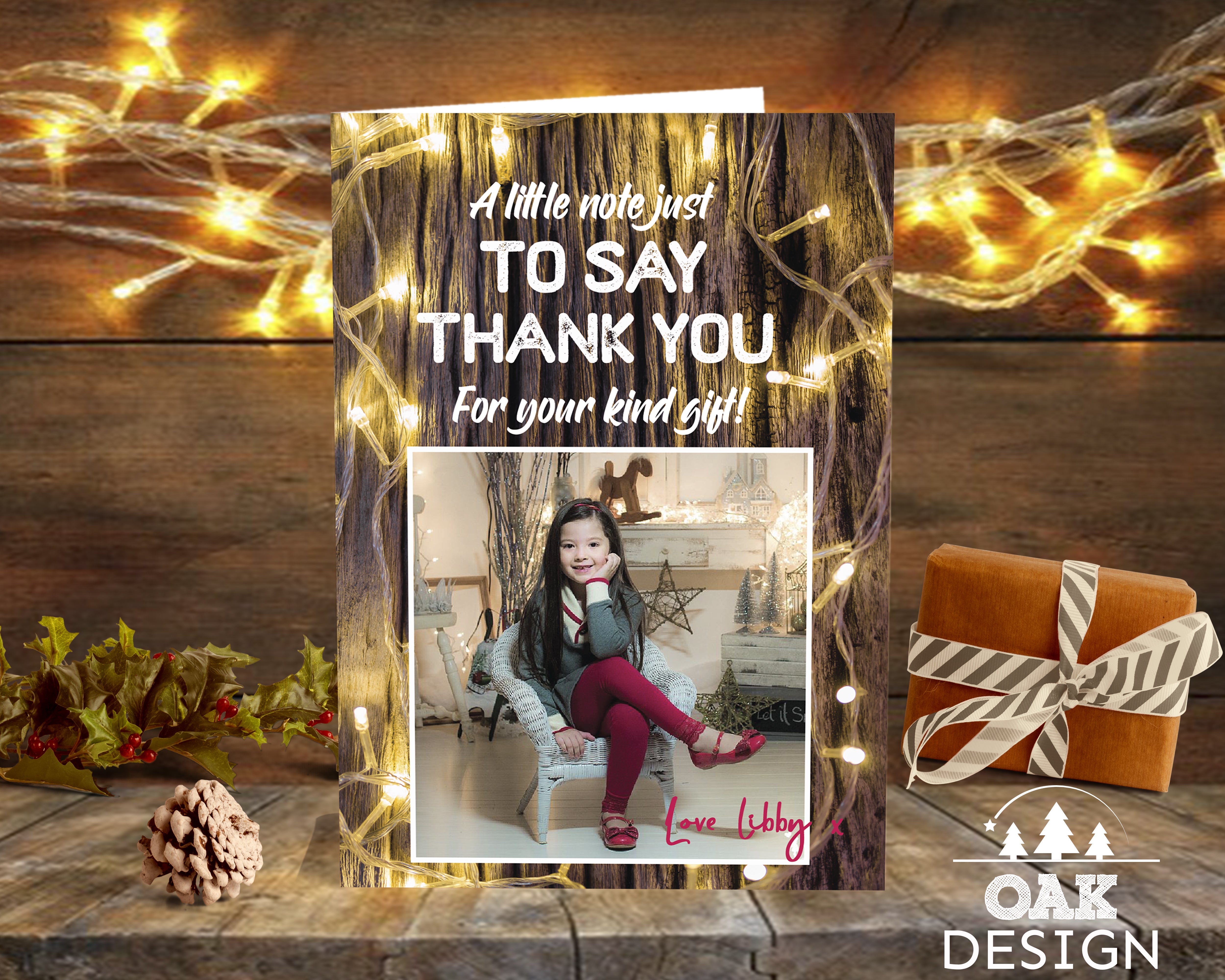 FLAT Personalized Christmas Thank You Card, Thank You Message with Photo