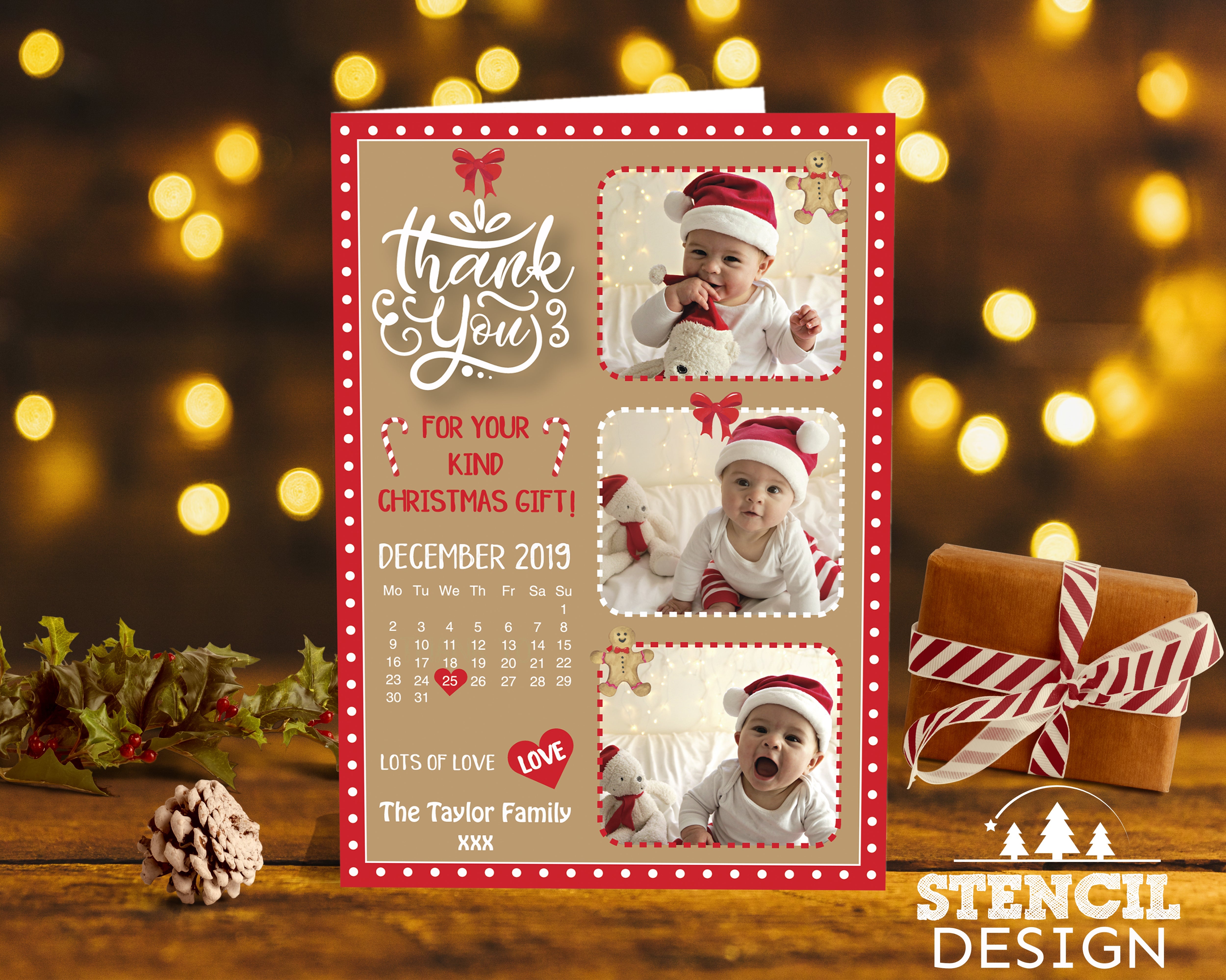FOLDED Christmas Thank You Cards With Personalized Photo and Envelopes, Xmas Thank You Note