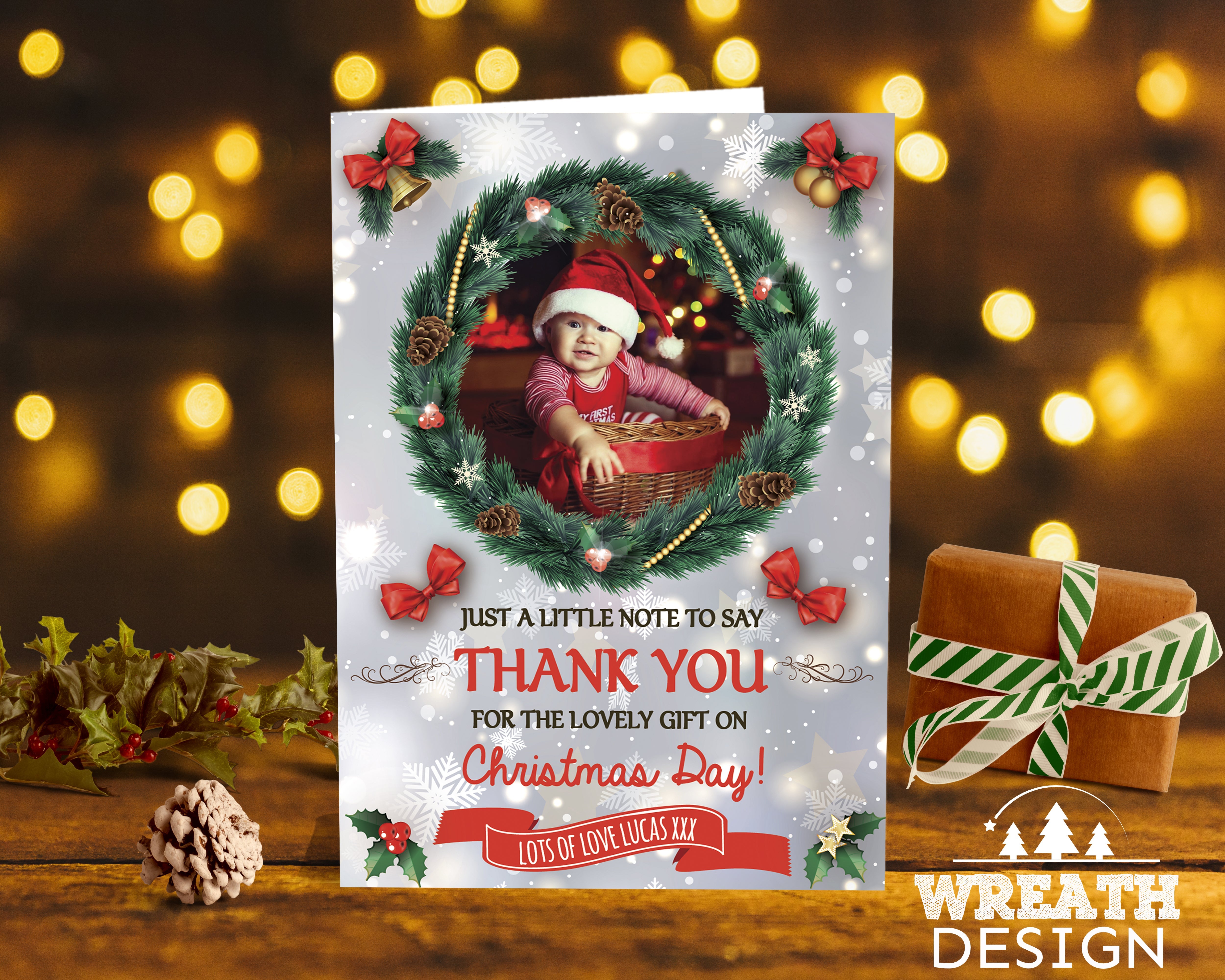 FOLDED Christmas Thanks Personalized Card, Xmas Thank You Cards with Photo