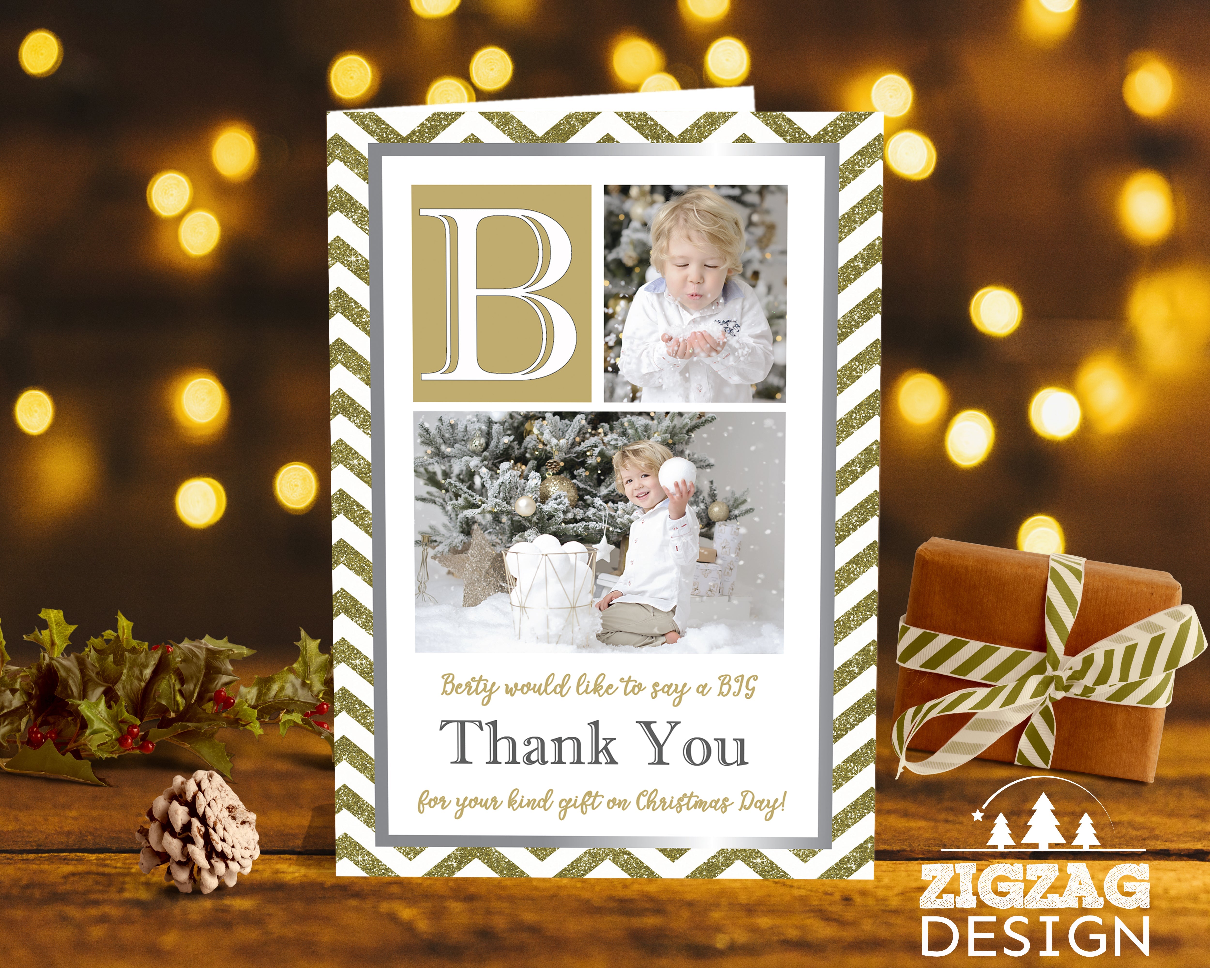 FLAT Xmas Thank You Cards with Photo, Christmas Thanks Personalized Card