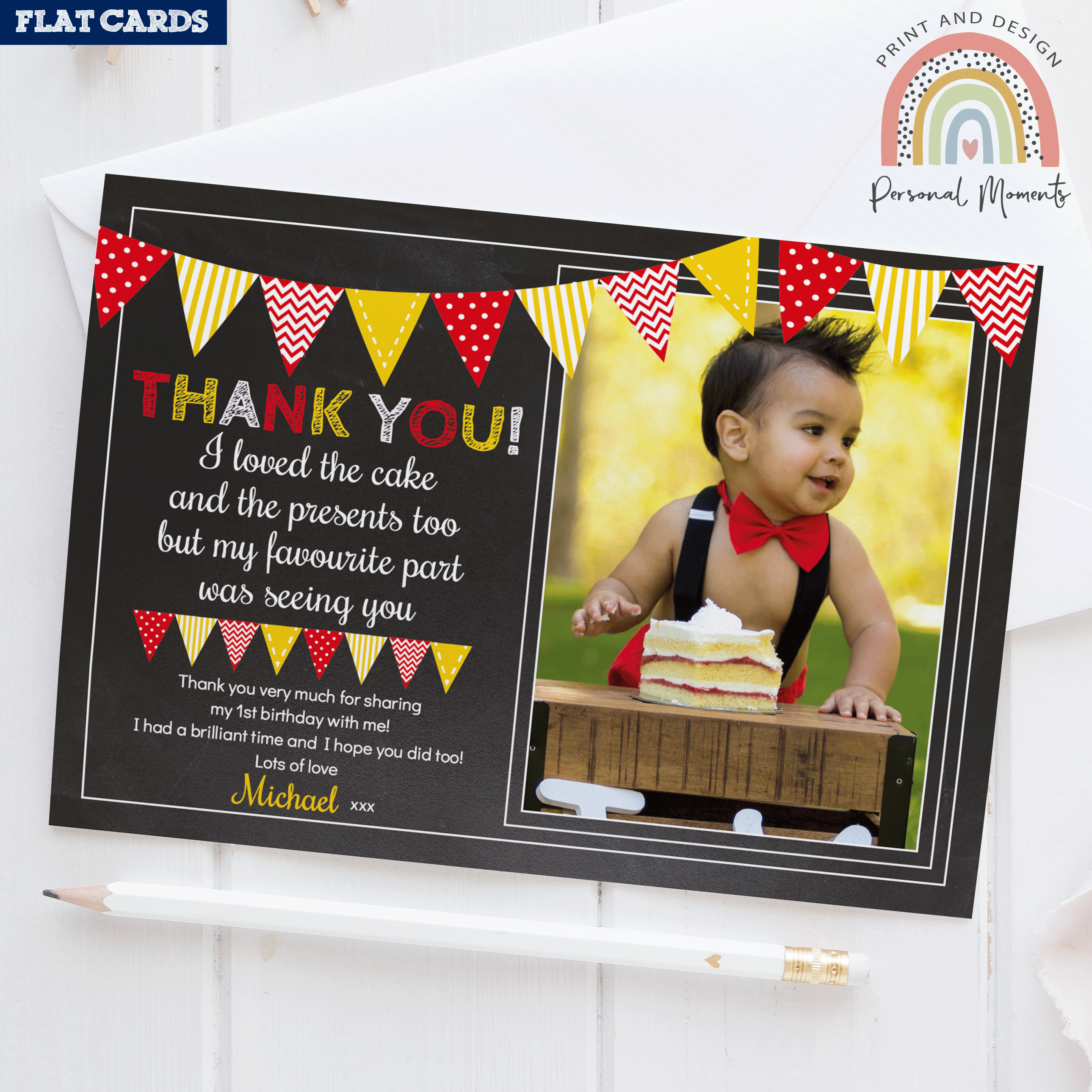 Personalized Photo Thank You Cards Red Yellow Bunting