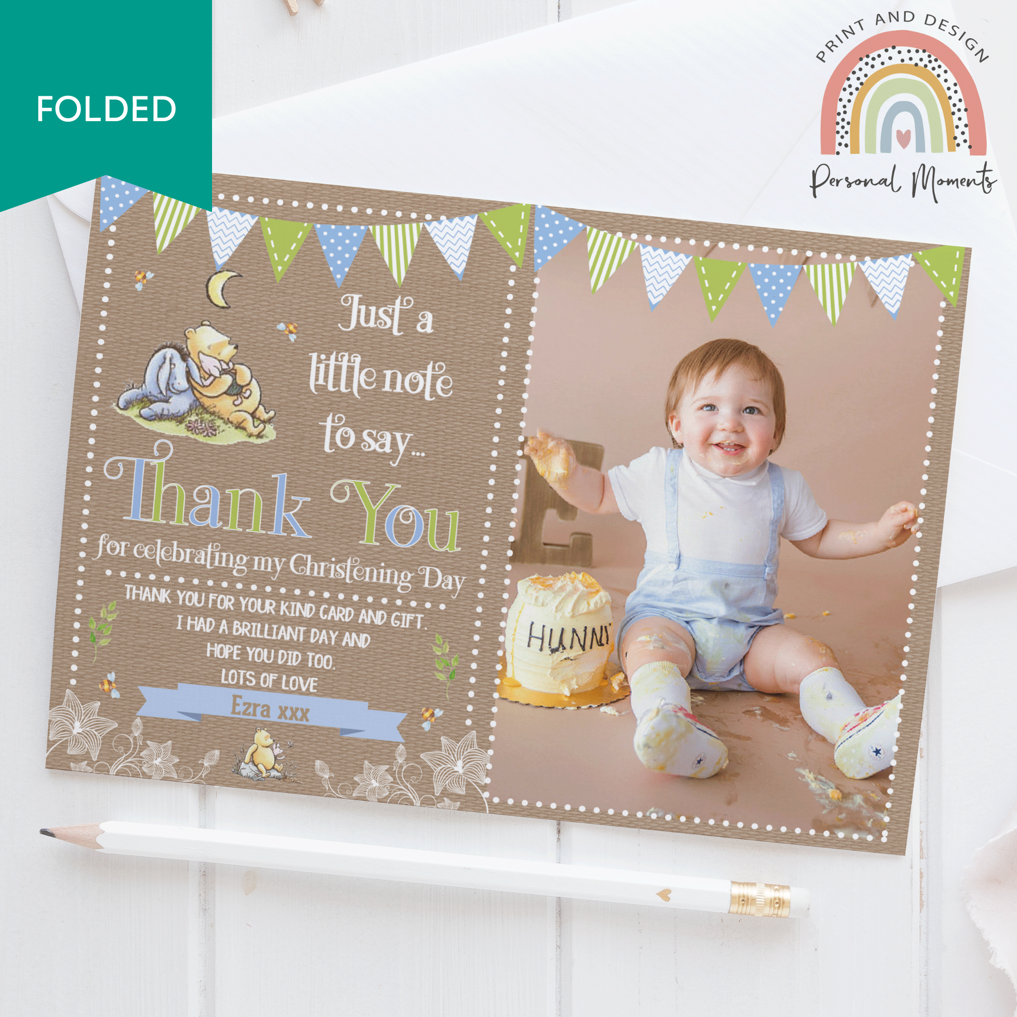 FOLDED Winnie The Pooh Baby Boy Thank You Cards
