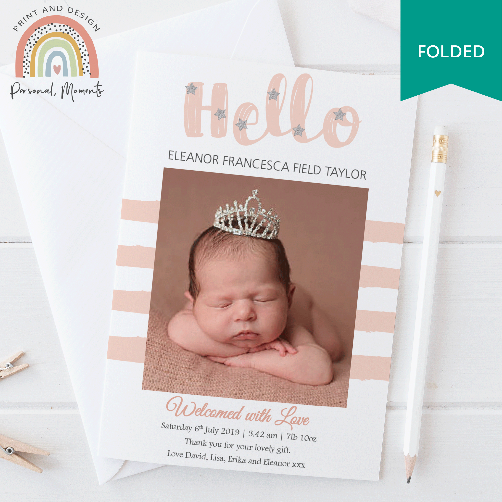 FOLDED Personalized Baby Girl Thank You Cards with Own Photo | Personal Moments | Order Now!