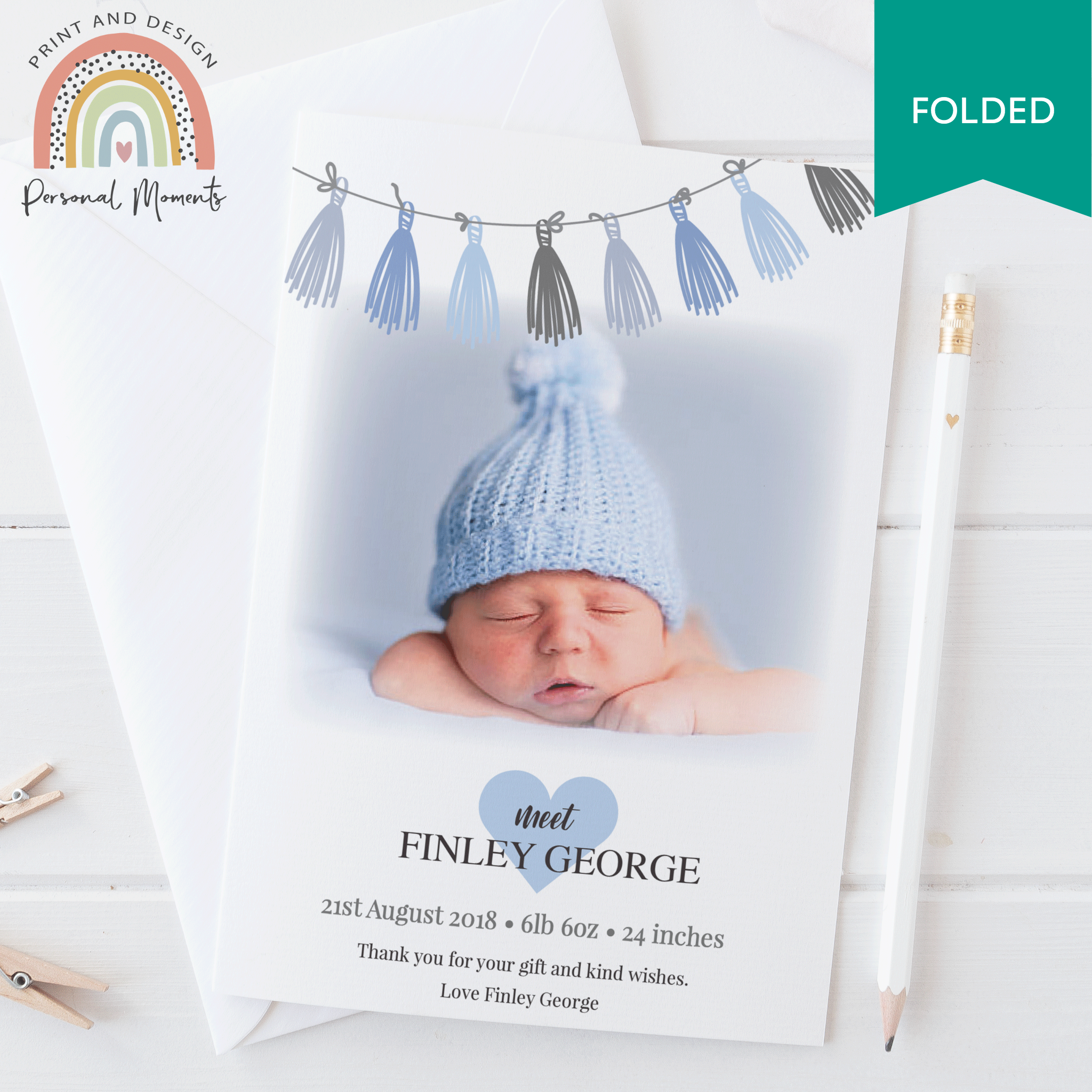 FOLDED Personalized Baby Boy Thank You Cards with Own Photo | Personal Moments | Order Now!