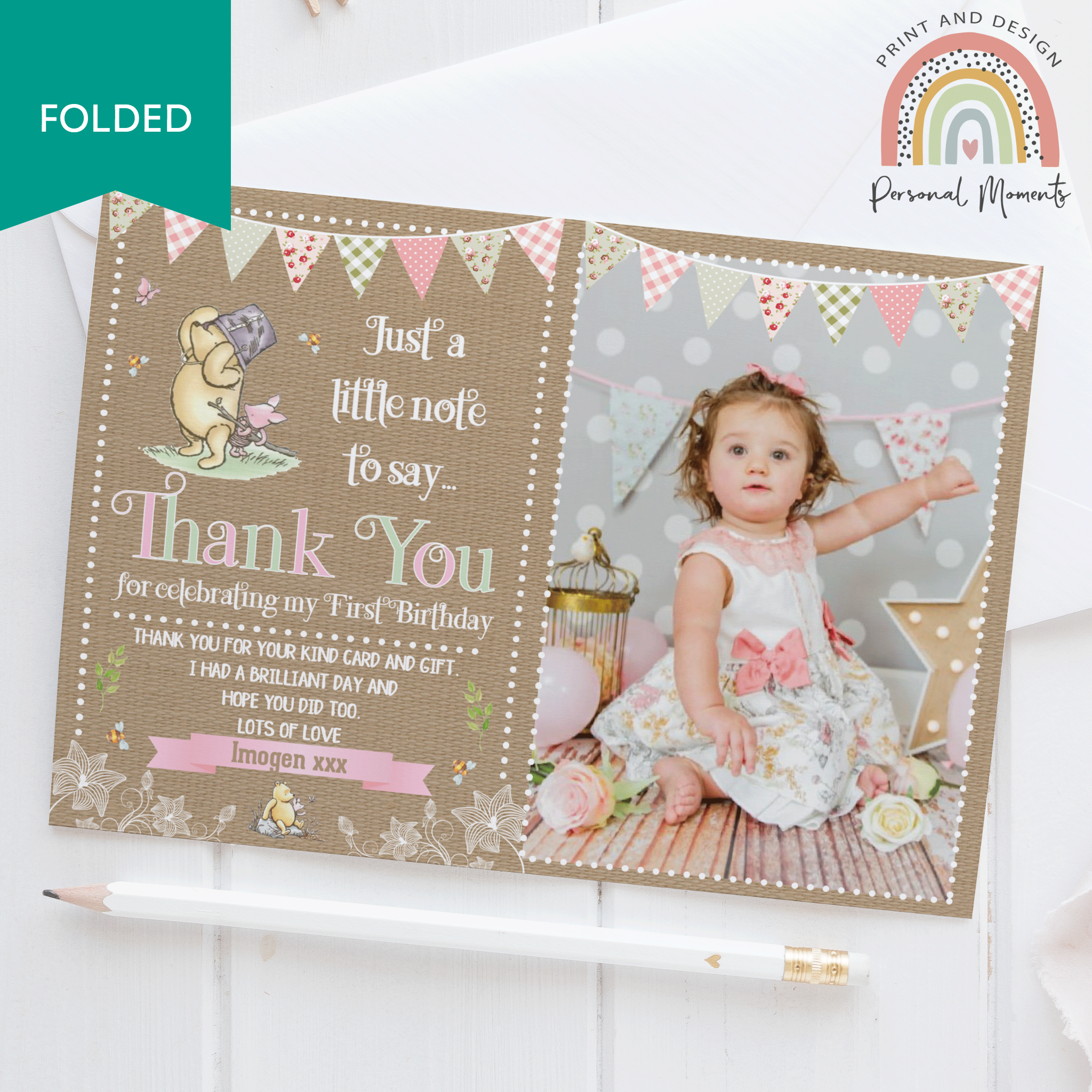 FOLDED Winnie The Pooh Baby Girl Thank You Cards