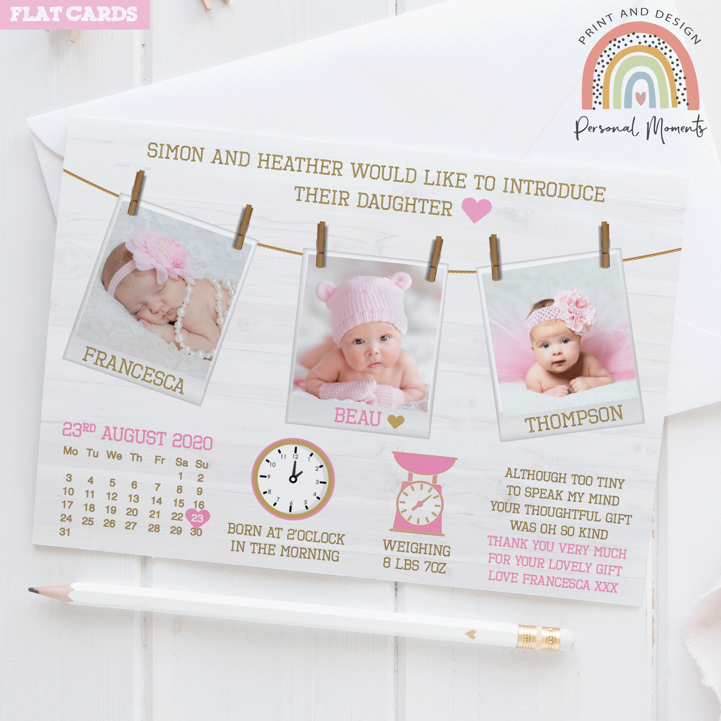 FLAT Design Personalized Baby Girl Thank You Cards with Your Own Photo | Personal Moments | Free Shipping
