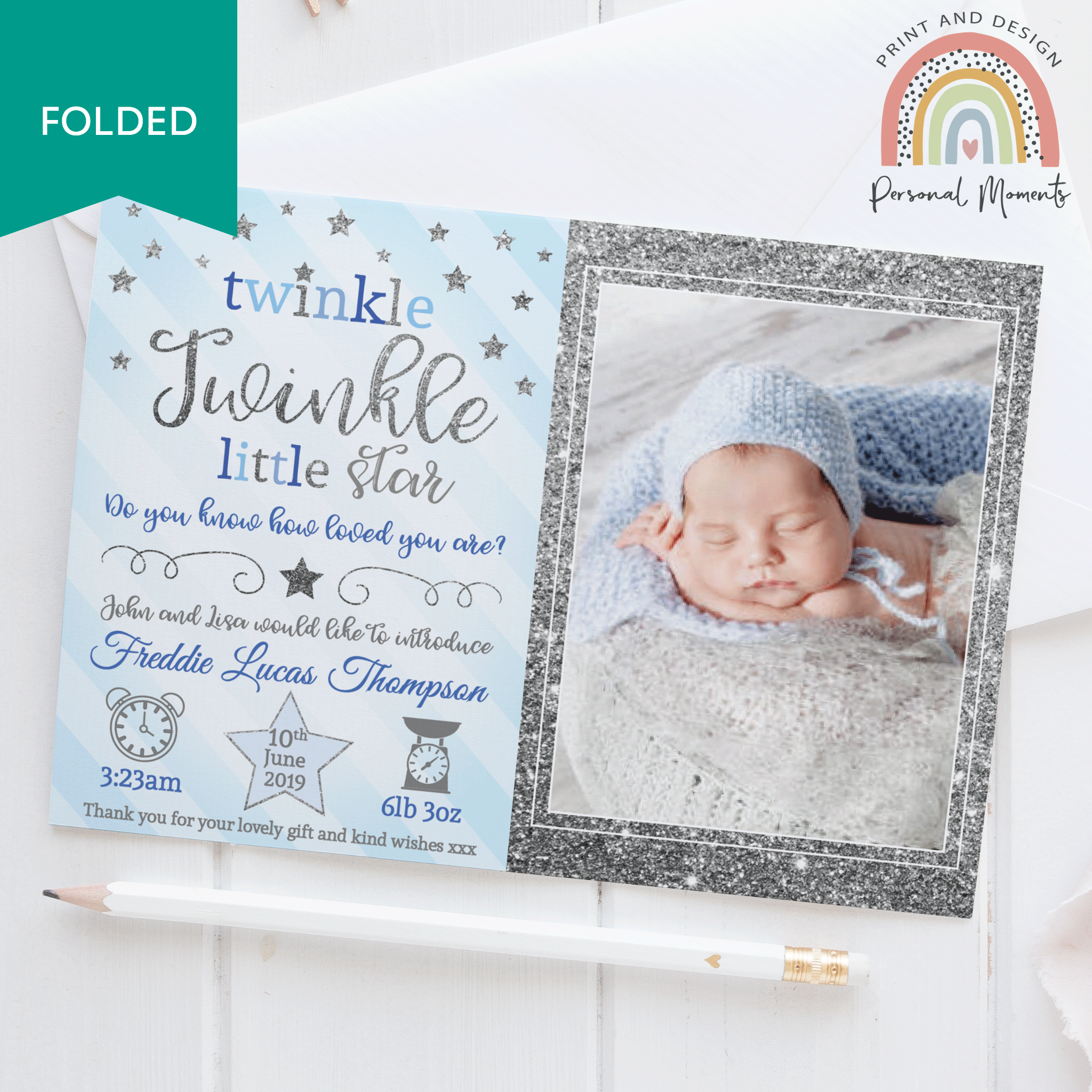 FOLDED Twinkle Twinkle Baby Boy Thank You Cards