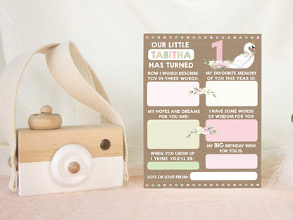 Personalized 1st Birthday Time Capsule Cards, Swan First Birthday Party, Floral 1st Birthday Keepsake Cards