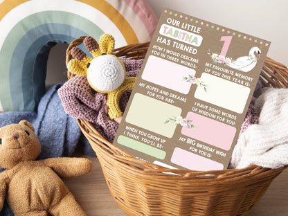 Personalized 1st Birthday Time Capsule Cards, Swan First Birthday Party, Floral 1st Birthday Keepsake Cards