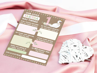 Personalized 1st Birthday Time Capsule Cards, Swan First Birthday Party, Floral 1st Birthday Keepsake Cards