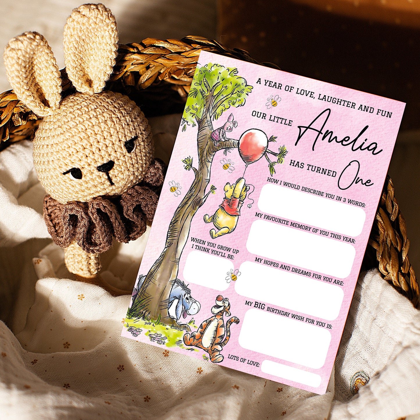 Personalized 1st Birthday Time Capsule Cards, Winnie The Pooh First Birthday Theme