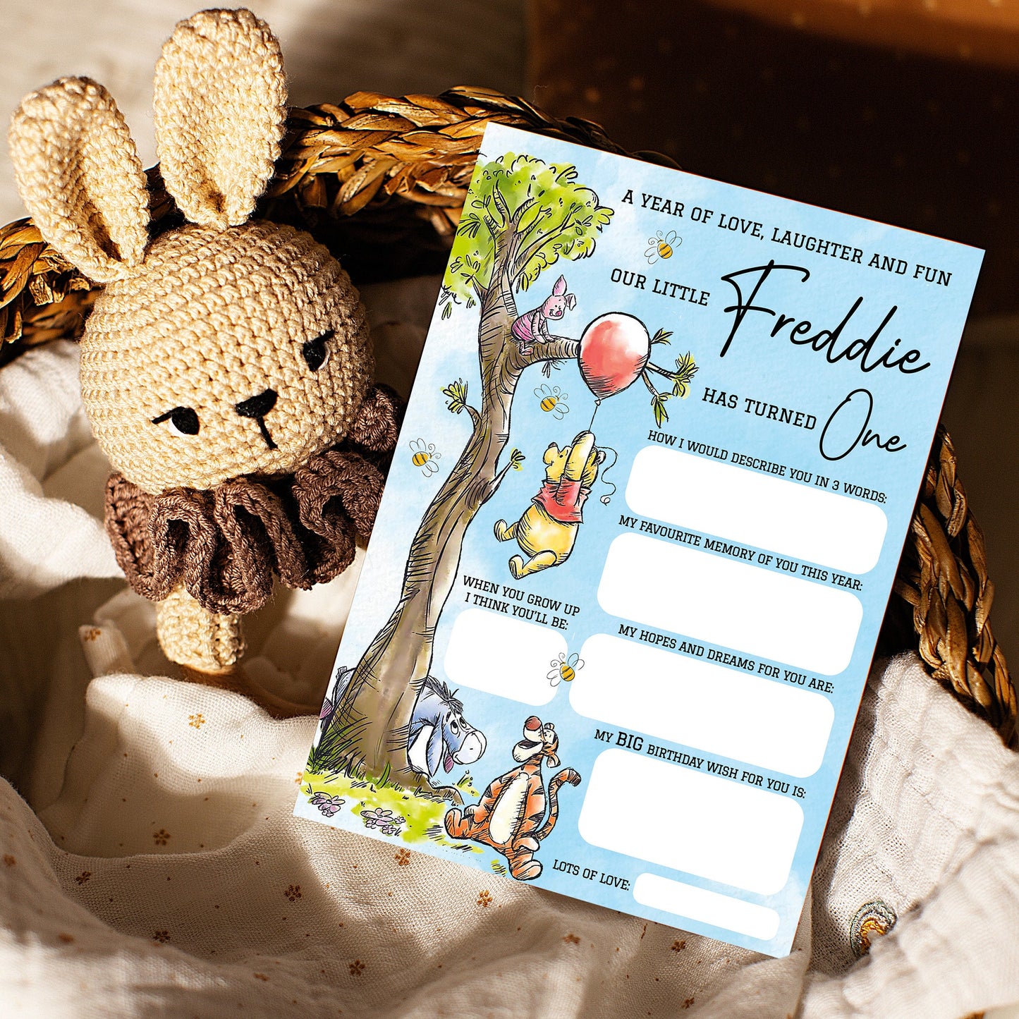 Personalized 1st Birthday Time Capsule Cards, Winnie The Pooh First Birthday Theme