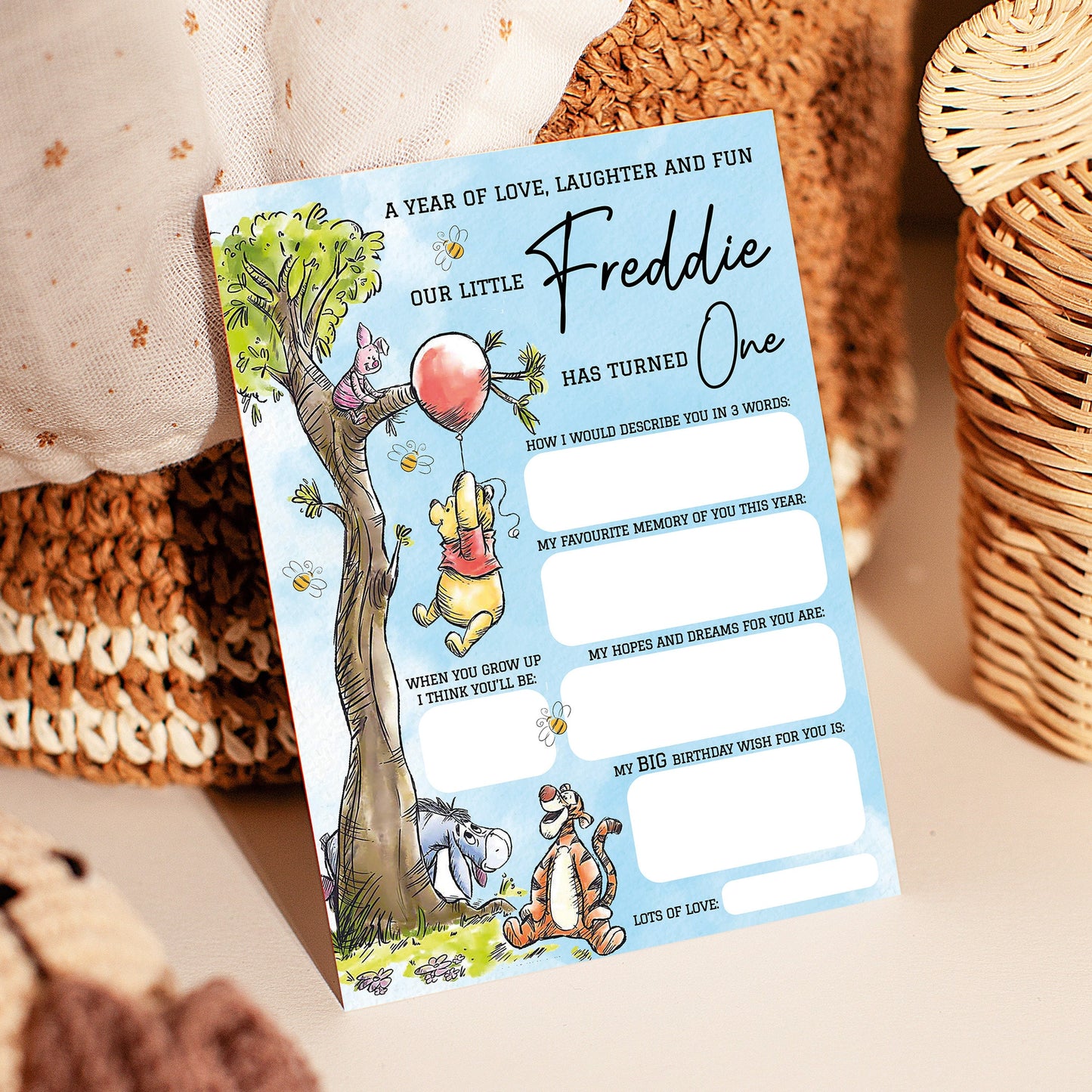 Personalized 1st Birthday Time Capsule Cards, Winnie The Pooh First Birthday Theme