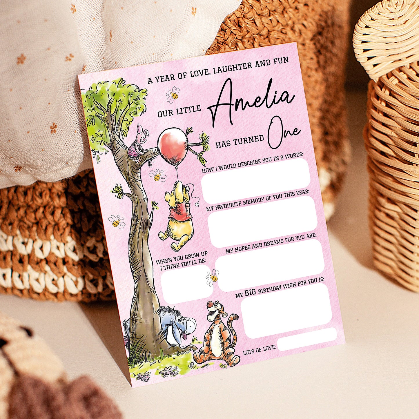Personalized 1st Birthday Time Capsule Cards, Winnie The Pooh First Birthday Theme