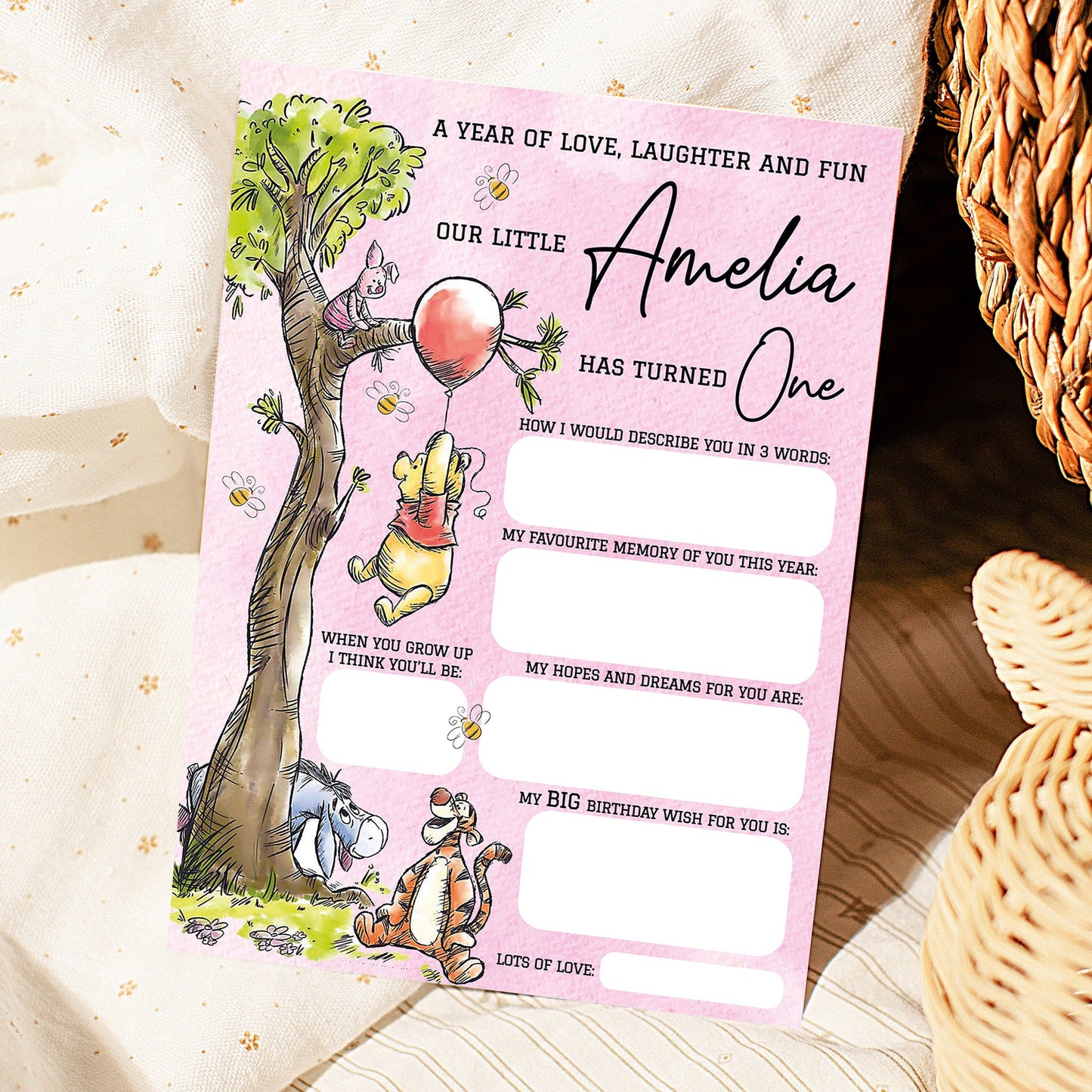 Personalized 1st Birthday Time Capsule Cards, Winnie The Pooh First Birthday Theme