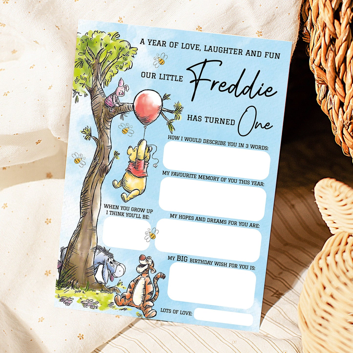 Personalized 1st Birthday Time Capsule Cards, Winnie The Pooh First Birthday Theme