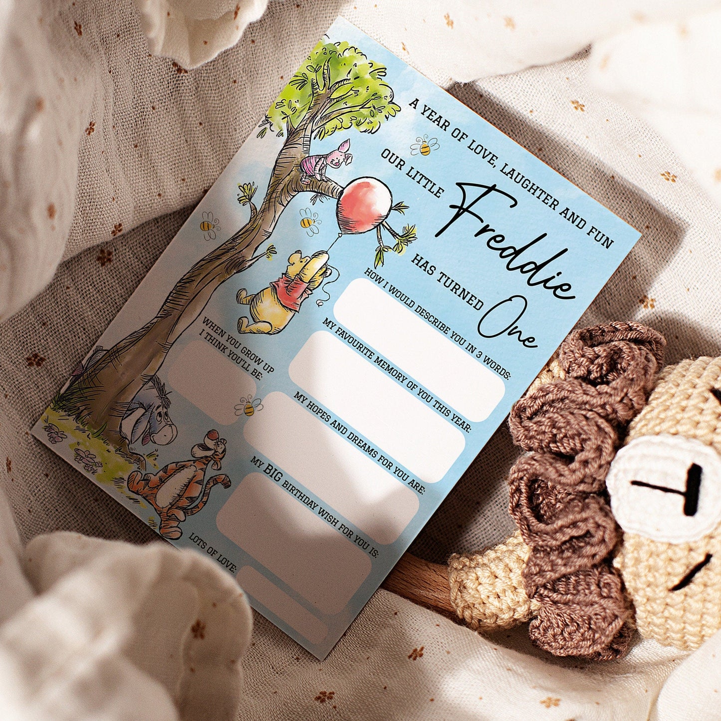 Personalized 1st Birthday Time Capsule Cards, Winnie The Pooh First Birthday Theme