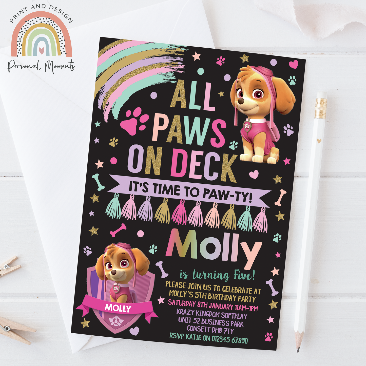 Skye Paw Patrol Themed Party Invitations - Personalized for Girls