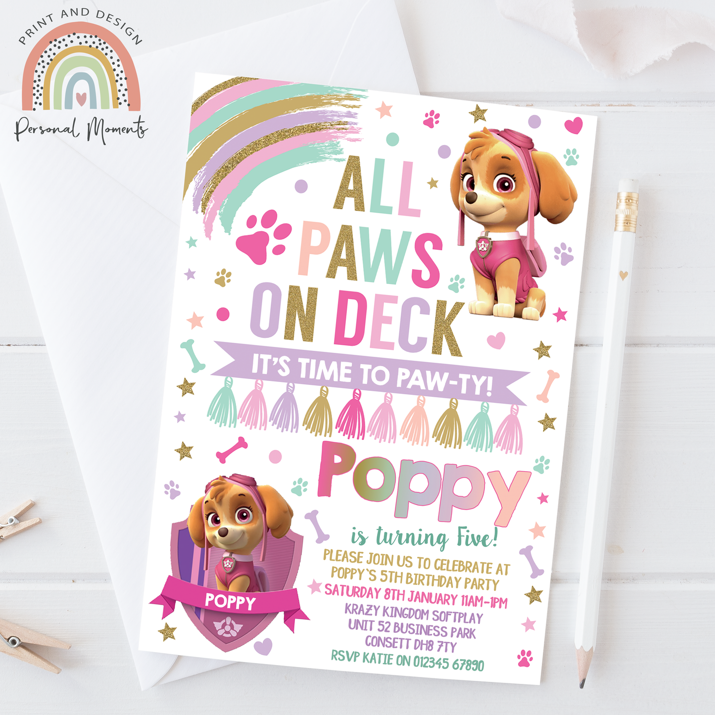 Personalized Rainbow-Themed Skye Paw Patrol Birthday Invitations for Girls