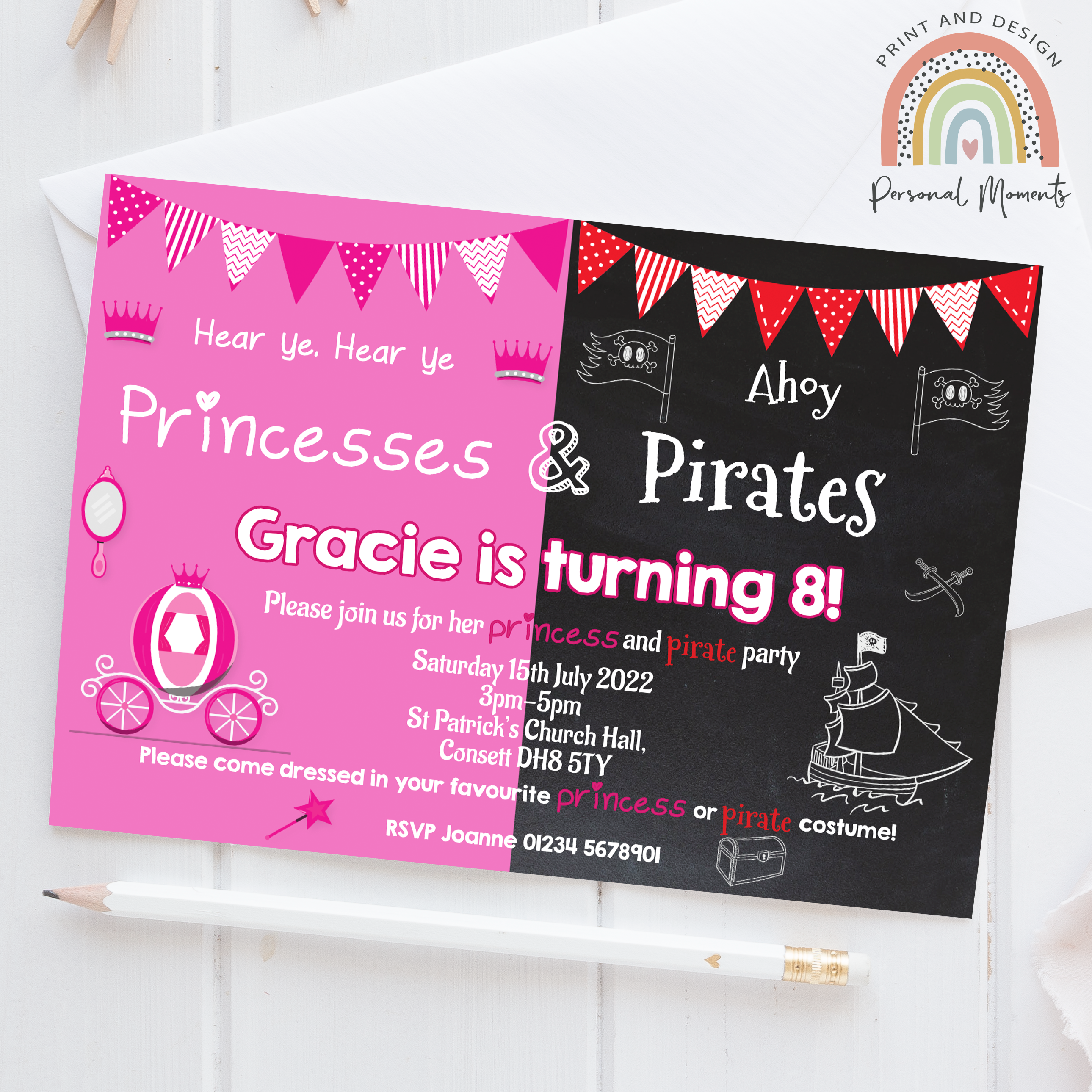 Dual-Themed Personalized Princess & Pirate Birthday Party Invitations