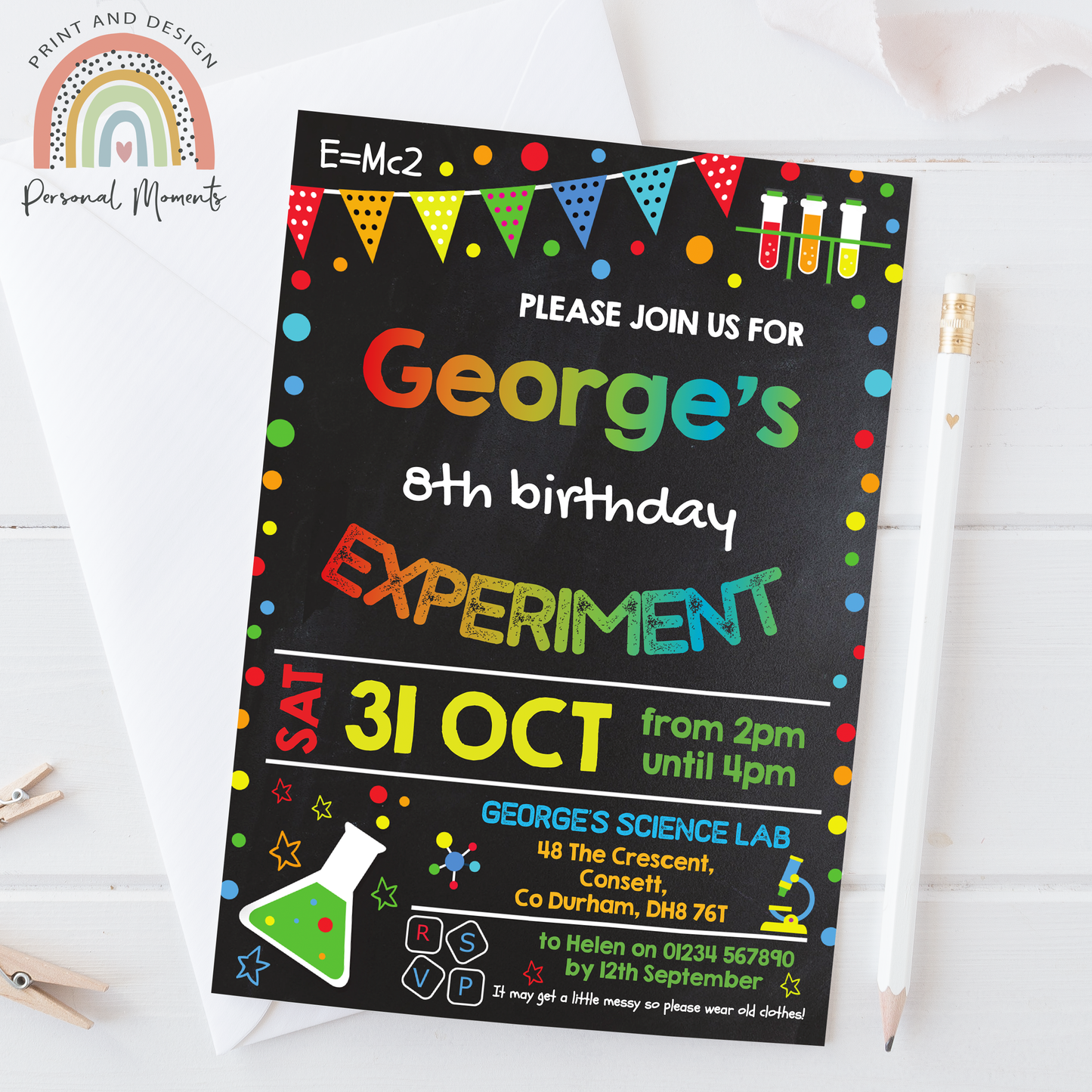 Personalized Science Lab Experiment Birthday Invitations for Boys