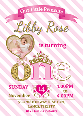 Personalised Princess 1st Birthday Invites