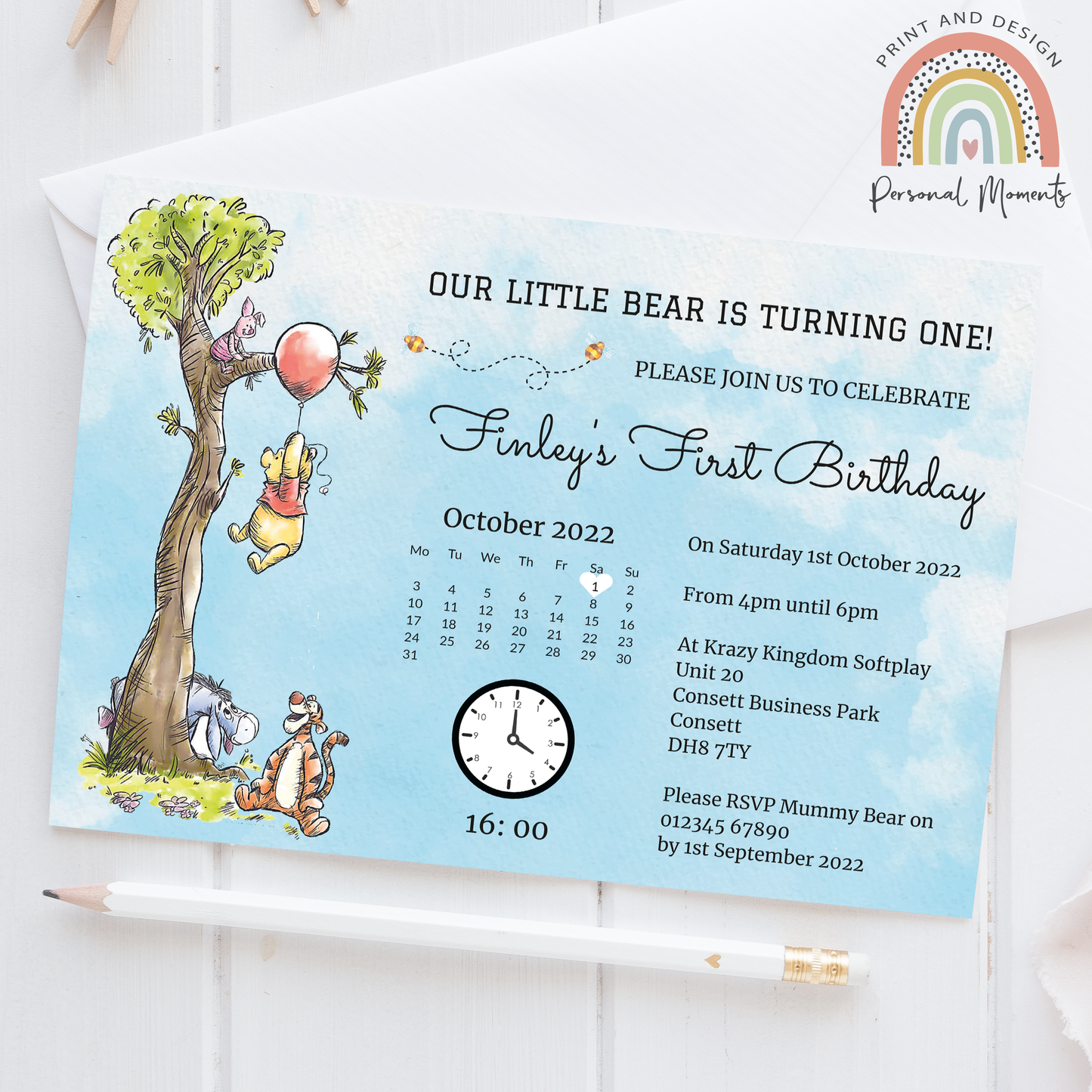 Personalized Pooh Bear Birthday Party Invitations - Winnie The Pooh Boy Invites