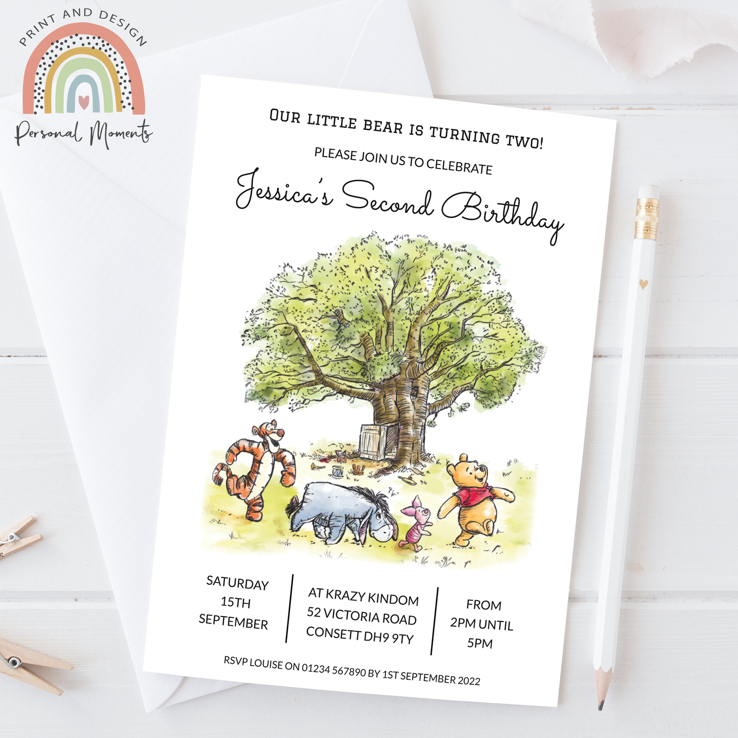 Personalized Winnie The Pooh Birthday Party Invitations - Classic Pooh Bear Theme